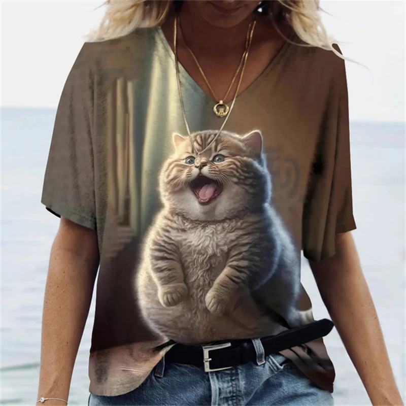 Fashion 3D Cat Printed T Shirt For Women Summer Casual O-neck Short Sleeve Tops Oversized V-neck Ladies T-Shirts Female Clothing