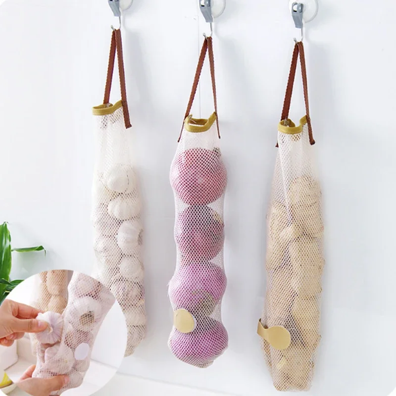 3 pcs/set  Fruit Vegetable Storage Bag Reusable Mesh Woven Bag Hanging Garlic Onion Potato Storage Bag  Kitchen Organizer