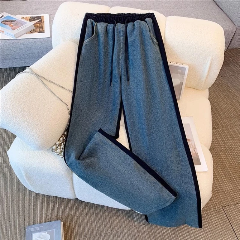 Ensemble pantalon en Denim, col montant, Patchwork, manteaux de rue, hauts, jambes larges, jean droit, Vintage, Simple, ensemble deux pièces, automne 2025