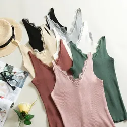 1Pc Women's Vest Lace Top V-neck Solid Knit Tank Ladies Sleeveless Fashion Lace Patchwork Slim Sexy Suspenders Summer