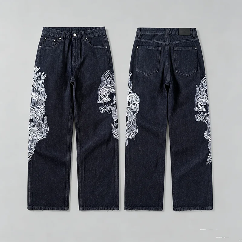New Arrival Unisex Embroidered Street Jeans Raw Dark Denim Skull Beast Art Embroidery Loose Wide‑Leg Casual Pants