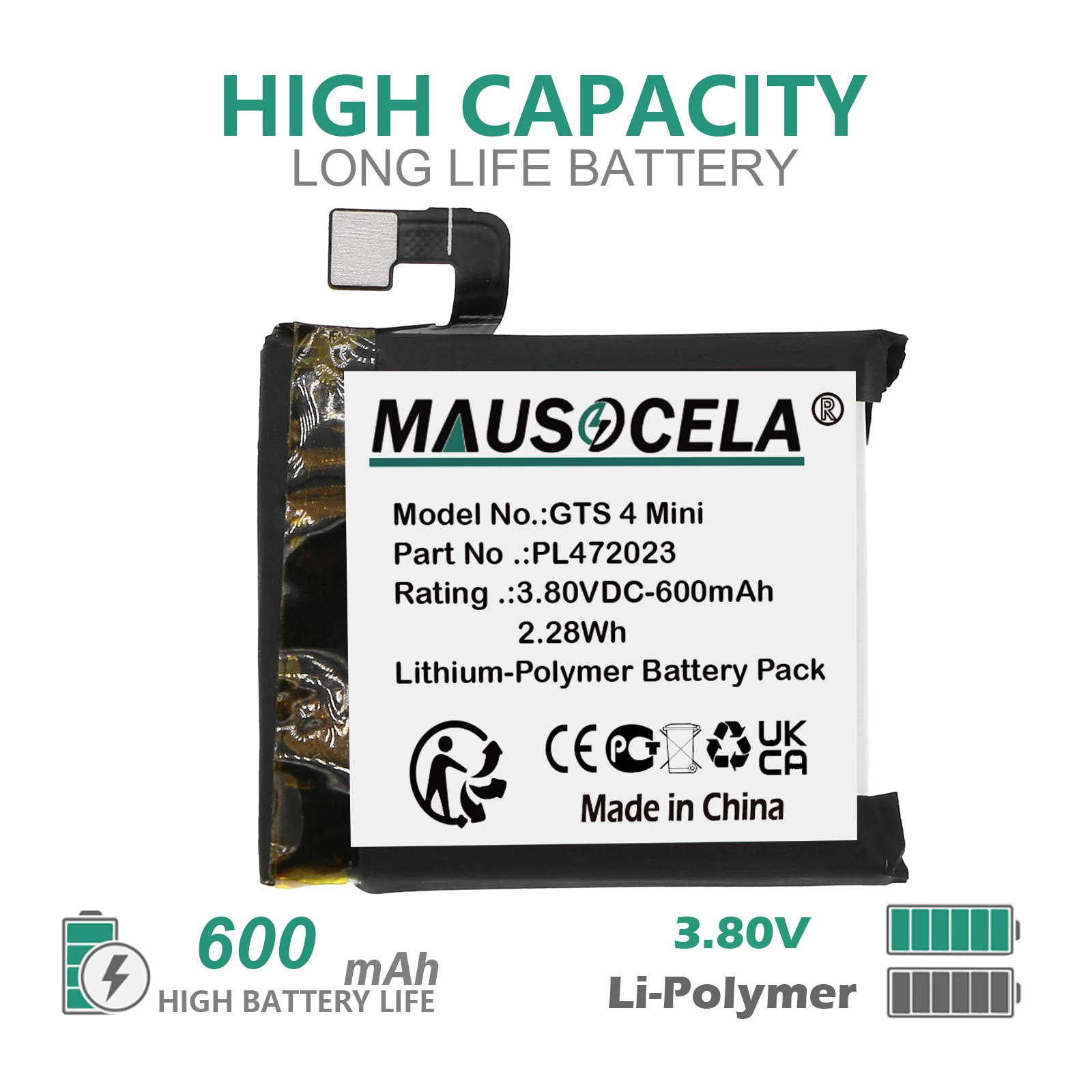 

600mAh Smartwatch Battery For Amazfit:PL472023,GTS 4 Mini,+Toolkit-Li-Polymer--3.80V--600mAh / 2.28Wh