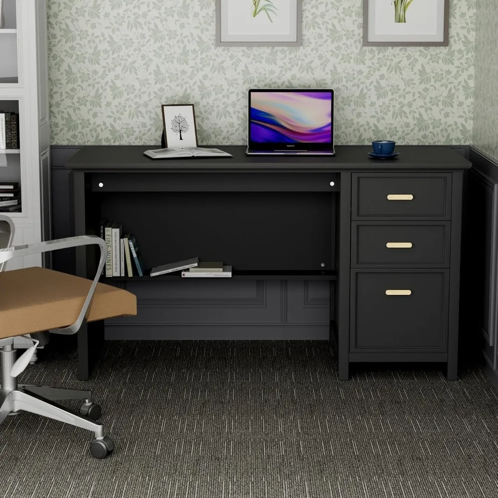 Black Home Office Desk with 3 Drawers and Storage Shelf, Modern Computer Writing Desk with Polished Gold Handle for Bedroom,