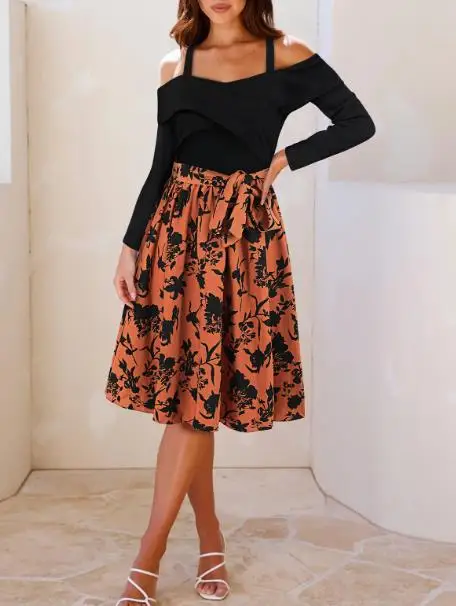 2025 Autunno Nuovo Slim Elegante a maniche lunghe con spalle scoperte Fiore Abito a trapezio con abito a maniche lunghe con giunture in colore a contrasto