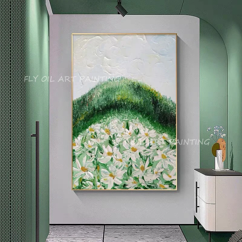 

Daisy White Flowers Sea Original Oil Painting Handmade Flowers Palette Knife Canvas Art White And Green Fresh Artwork For Decor