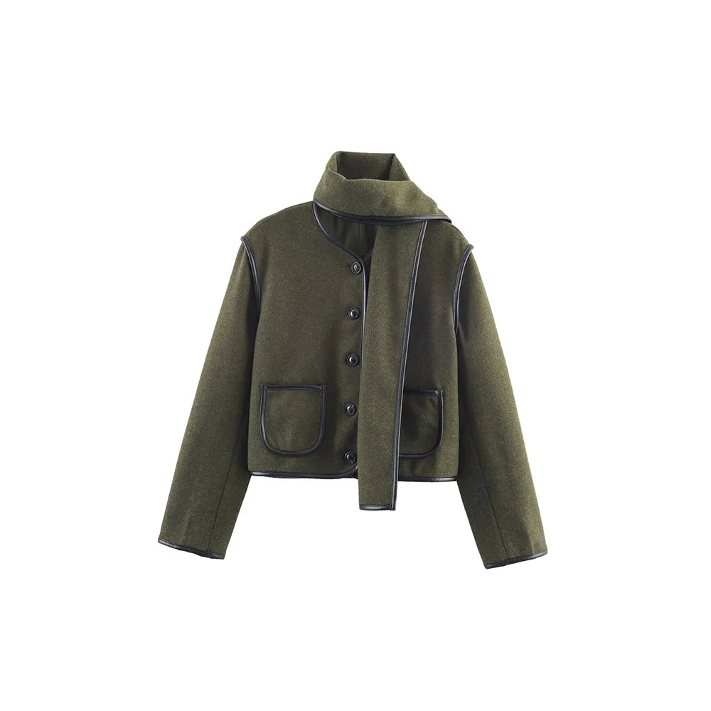 

Autumn new women's clothing fashionable temperament versatile casual woolen PU wrapped scarf jacket