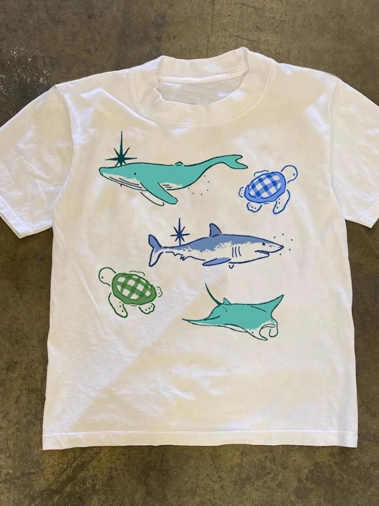 Wysokiej jakości bawełniane bluzki oversize Y2K dla par, zabawny nadruk z rekinem, luźny T-shirt z krótkim rękawem dla par, moda koreańska.