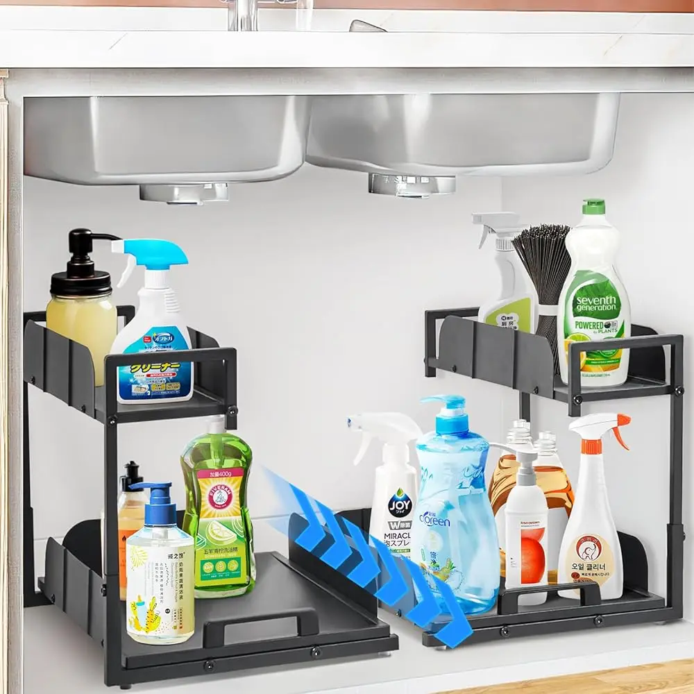 

Under Kitchen Sink Organizer, 2 Tier Metal Pull Out Cabinet Organizer With Sliding Drawer, Heavy Duty Bathroom Organizers And