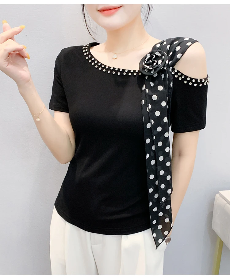 

2025 Summer New Women's Slim-Fit T-Shirt with Ribbon Decor - Stylish & Versatile Fashion Top