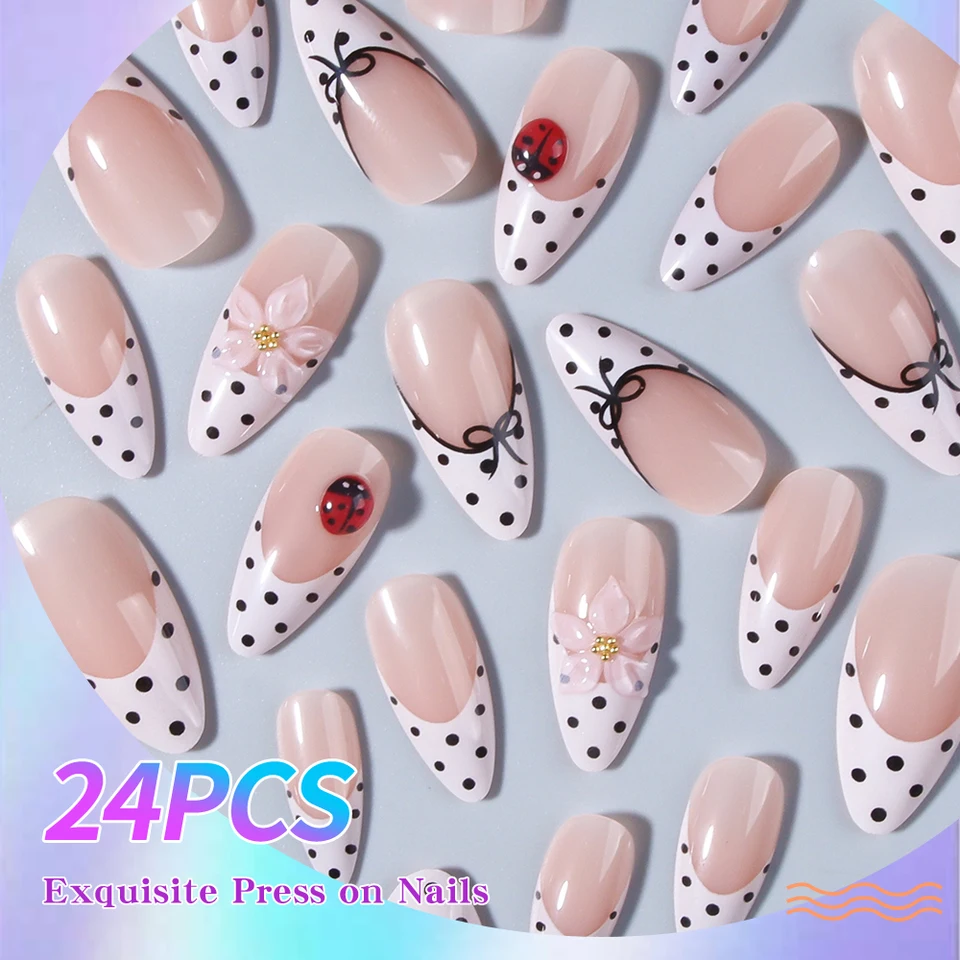 Set de 24pcs uñas press-on cortas ovaladas con flores 3D de gel, mariquitas y diseño de lunares, punta francesa acrílica 4