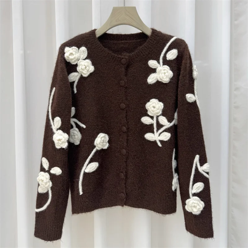 

Кардиган для женщин, новинка зимы 2025 года, эластичный вязаный топ с круглым вырезом и длинными рукавами, однобортный облегающий женский свитер, трикотаж