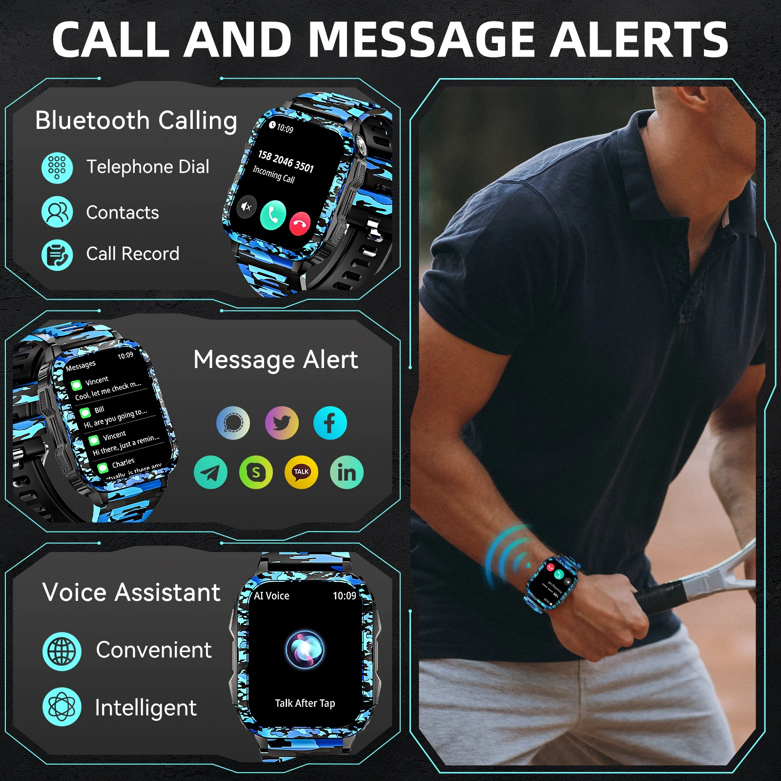 EIGIIS New Military Smart Watch 3ATM Waterproof Watch Fitness Tracker with Heart Rate Sleep Monitor MakeCalls for iPhone Android