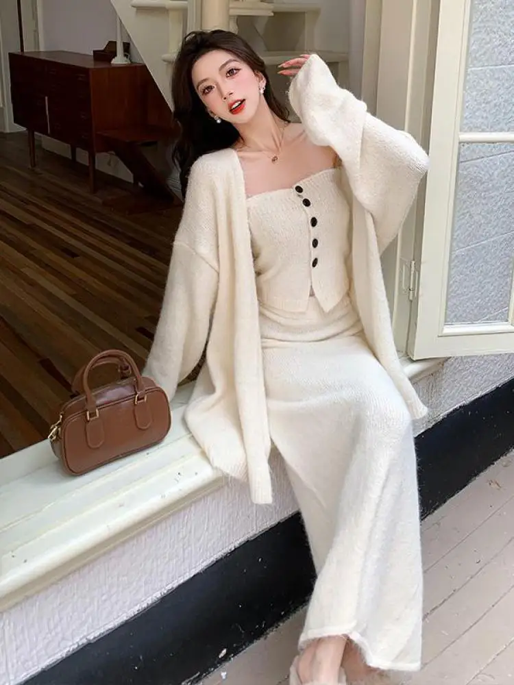 

Женский трикотажный комплект из трех предметов, однотонный элегантный вязаный кардиган с длинным рукавом и Топ без бретелек и юбка с высокой талией, Осень-зима