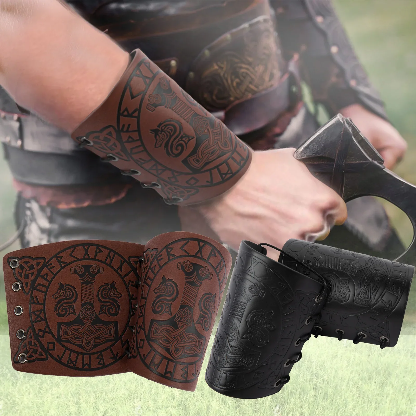 2022 New Traditional Cowhide Leather Archery Arm Guard Forearm Guards Adjustable Bow Arm Protector Viking Armband Bracelet