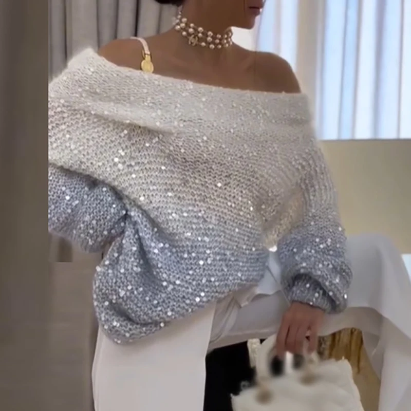 Sexy Women's Off Shoulder Loose Knit Top New 2026 Temperament Party Sweater Gradient Sequin Long Sleeved Autumn Winter Sweater
