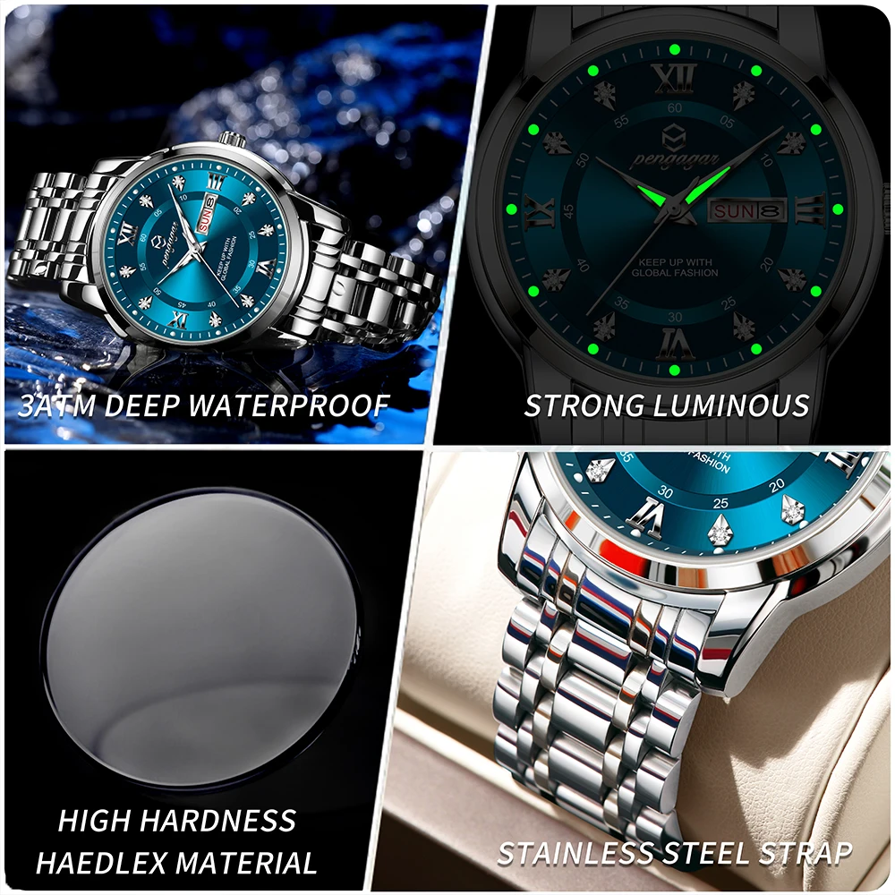 PENGAGAR Luxury Watch for Man Elegant Date Week Waterproof Luminous Men Watch Quartz Stainless Steel Sports Men\'s Watches reloj