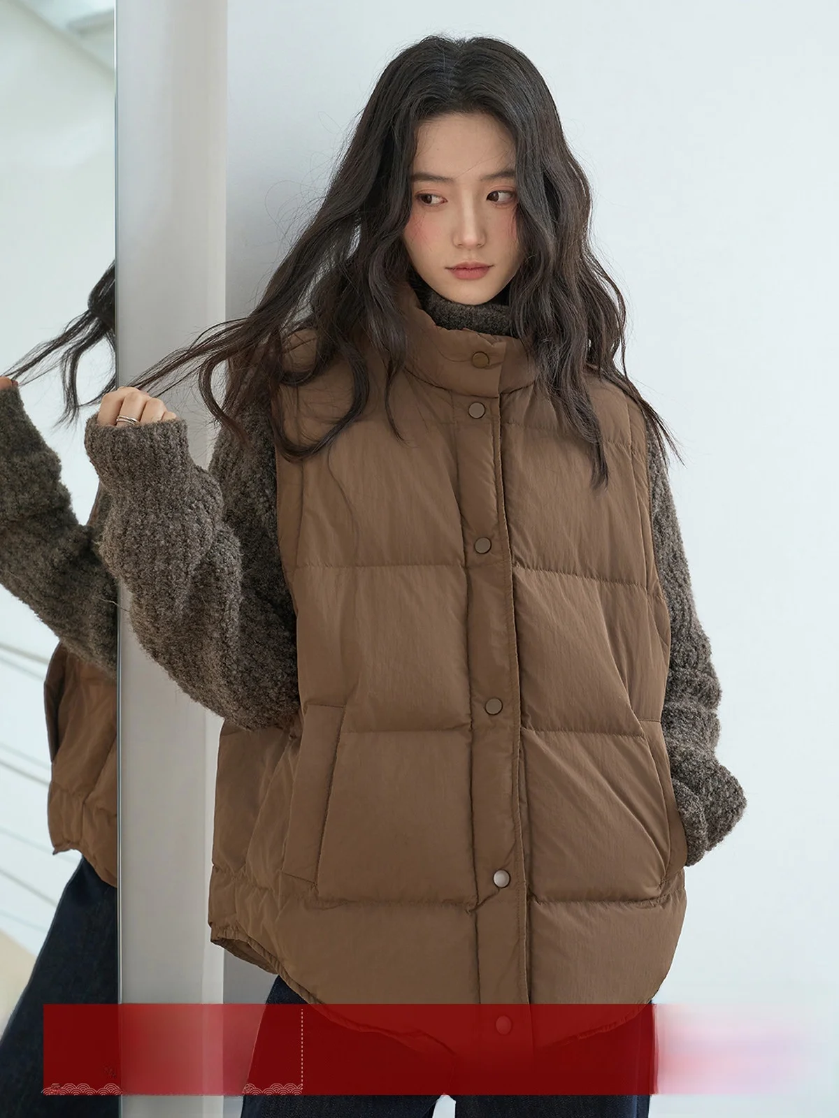 

MoZao Brown Zipper Thiened Warm down Vest Women's Winter New Loose Jaet Outerwear Commute Sle Polyester Fiber