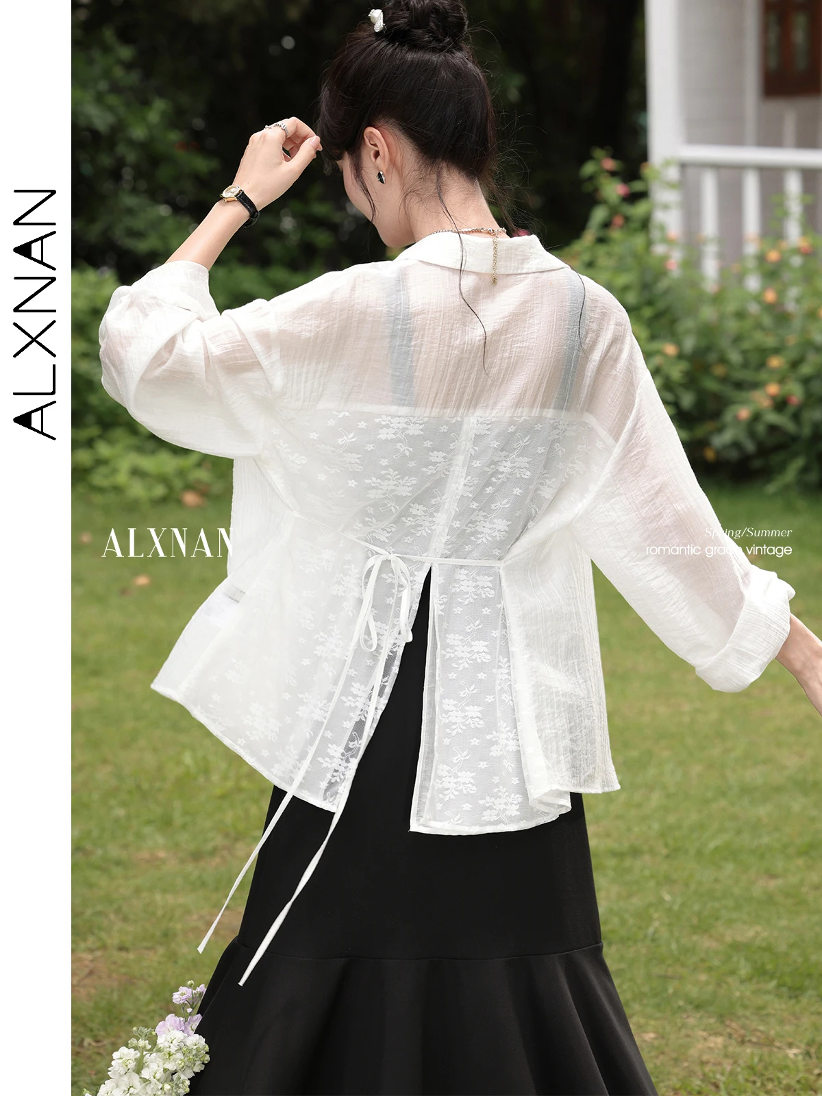 

ALXNAN Women's Shirt White Back Split Embroidery Elegant Long Sleeve Shirt 2025 Summer Casual Loose-fit Office Lady Top L55889CS