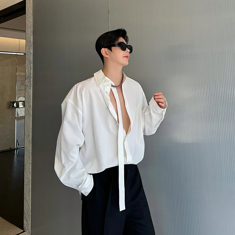 

Casual White irt Men's Removable Collar Sa Button Multi-Wear Long Sve irt Autumn Faion ow Sle Loose Fit Youthf...