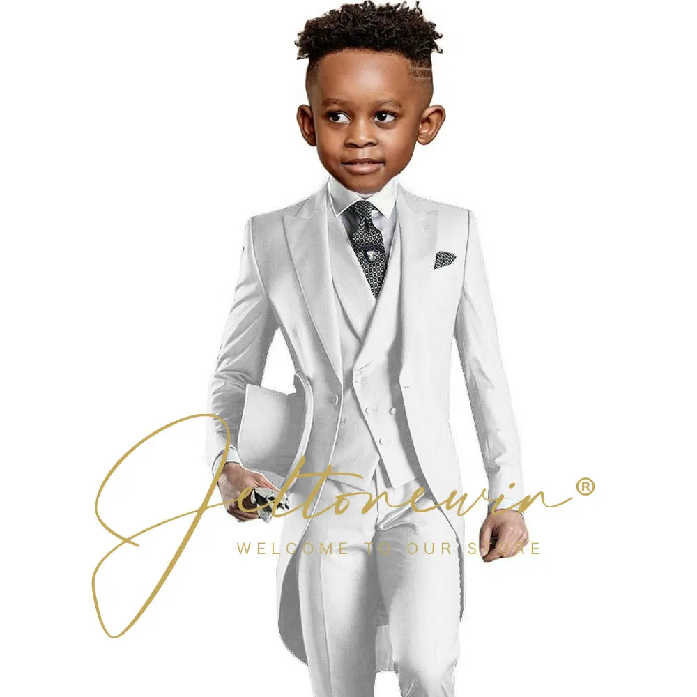 

White Long Tailcoat 3 Pieces Gentleman Boys Suits Fashion Tuxedo for Kids Wedding Prom Dinner Party Jacket Vest Pant