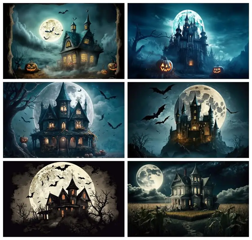 

Laeacco Halloween Photography Backdrop Scary Night Castle Horrible Pumpkin Party Full Moon Bat Haunted House Portrait Background