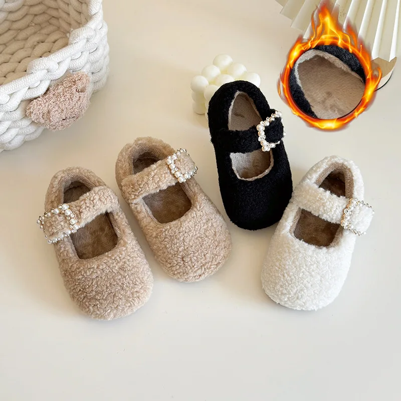 Brand Girl Shoe 2025 Autumn New Pearl Hair Shoe Casual Thick Child Shoes Fashion Cotton Shoe Versatile Women Shoes Zapatos Niña
