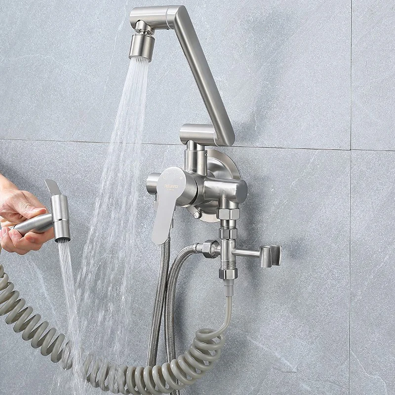 304 Stainless Steel Exposed Kitchen Faucet Wall Mounted Hot Cold Water Mixer Tap Stream Spray Bubbler 360 Rotation Flexible Pipe