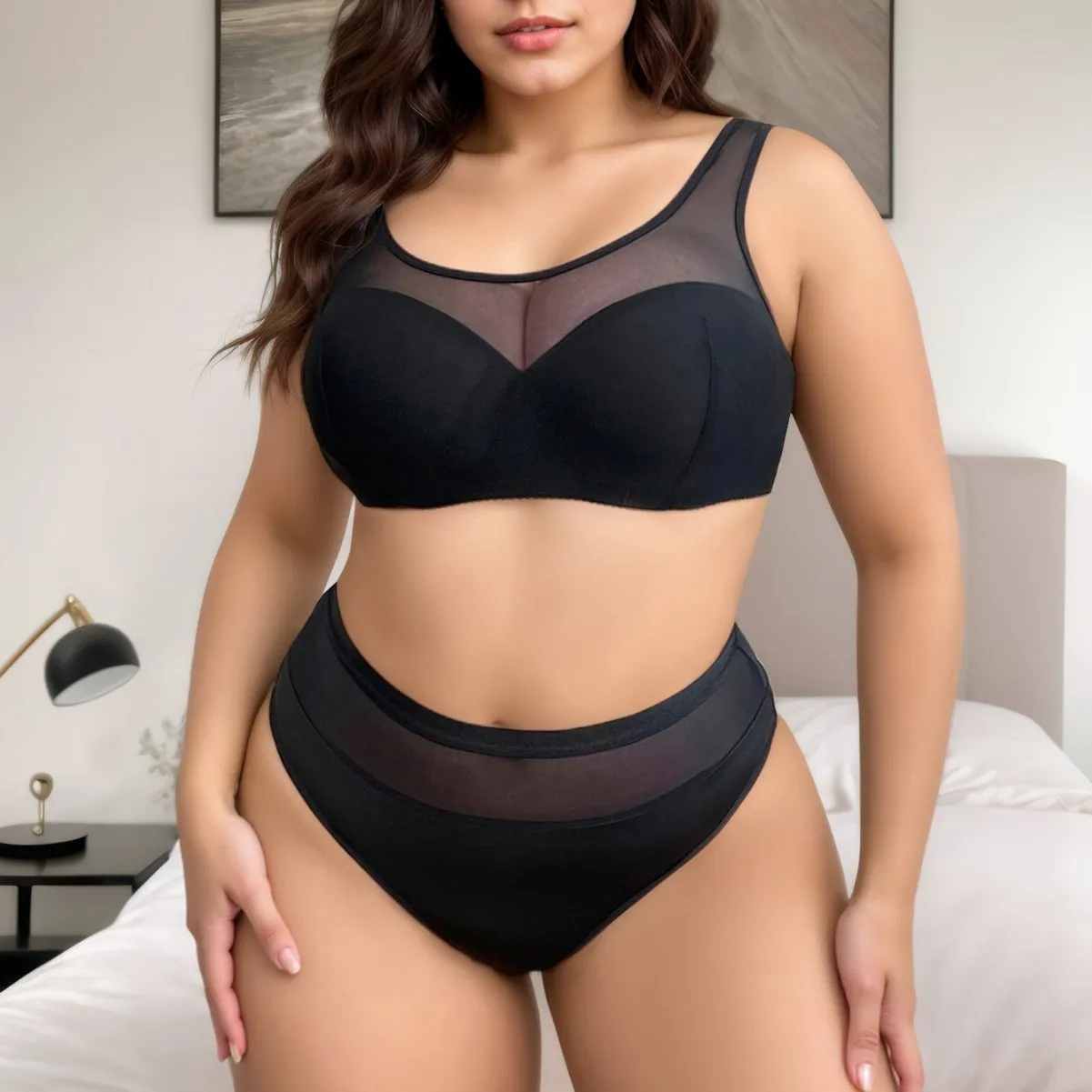 

Women New Black Plus Size Underwear Bar Set 90 95 100 105 110 115 D Cup Thin Bralette