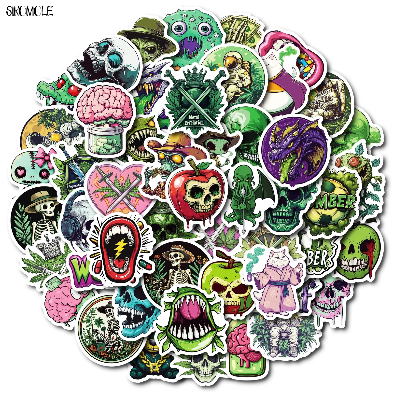 10/30/50pcs Cartoon Green Monster Skeletons Stickers Aesthetic DIY Laptop Guitar Travel Luggage Skateboard Toy Graffiti Sticker