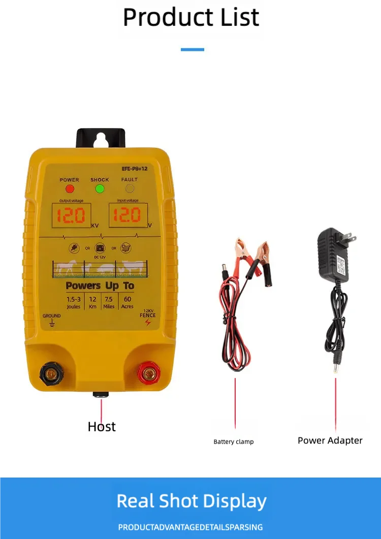 12KM 1.5J/3J Low Impedance Electric Fence Energizer 12V Fence Charger for Cattle, Horse and Sheep
