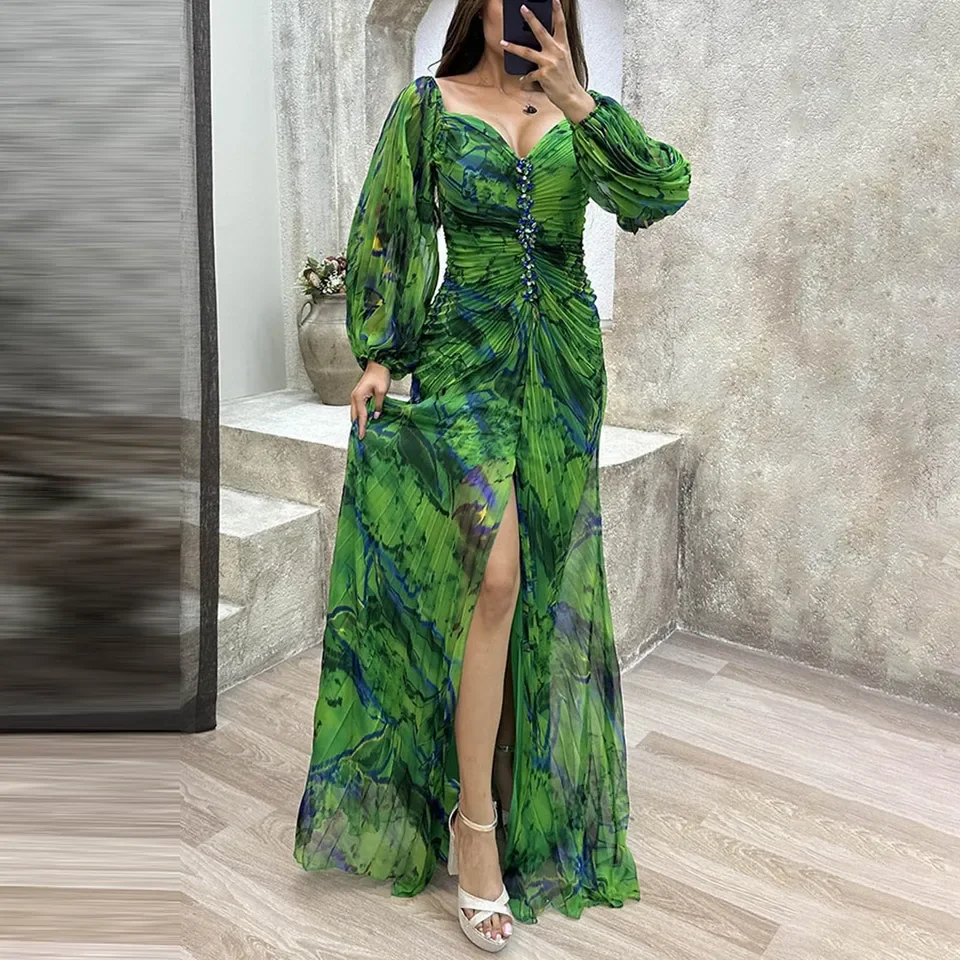 

Ladies Gathering Pleated Long Sleeved Dress High Slit Casual Womens Dress Wedding Guest Gown Women Fashion Summer Dresses 2024
