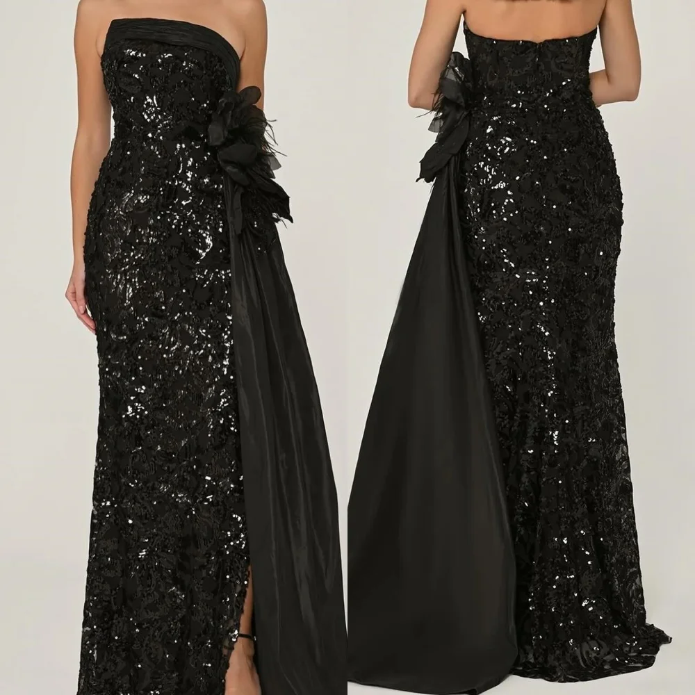 Jersey Sequined Applique Ruched Birthday A-line Strapless Bespoke Occasion Gown Long Dresses