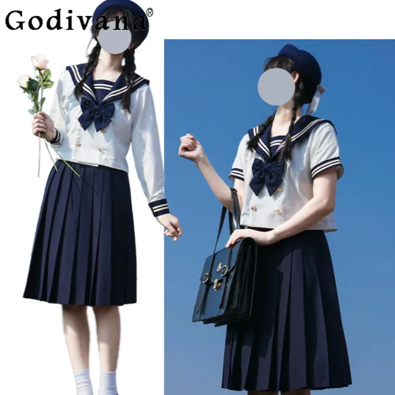 Summer Sweet Jk Short Sleeve Cute Girl Navy Collar Shirt Fashion High Waist A-line Versatile Youth College Pleated Skirt Sets