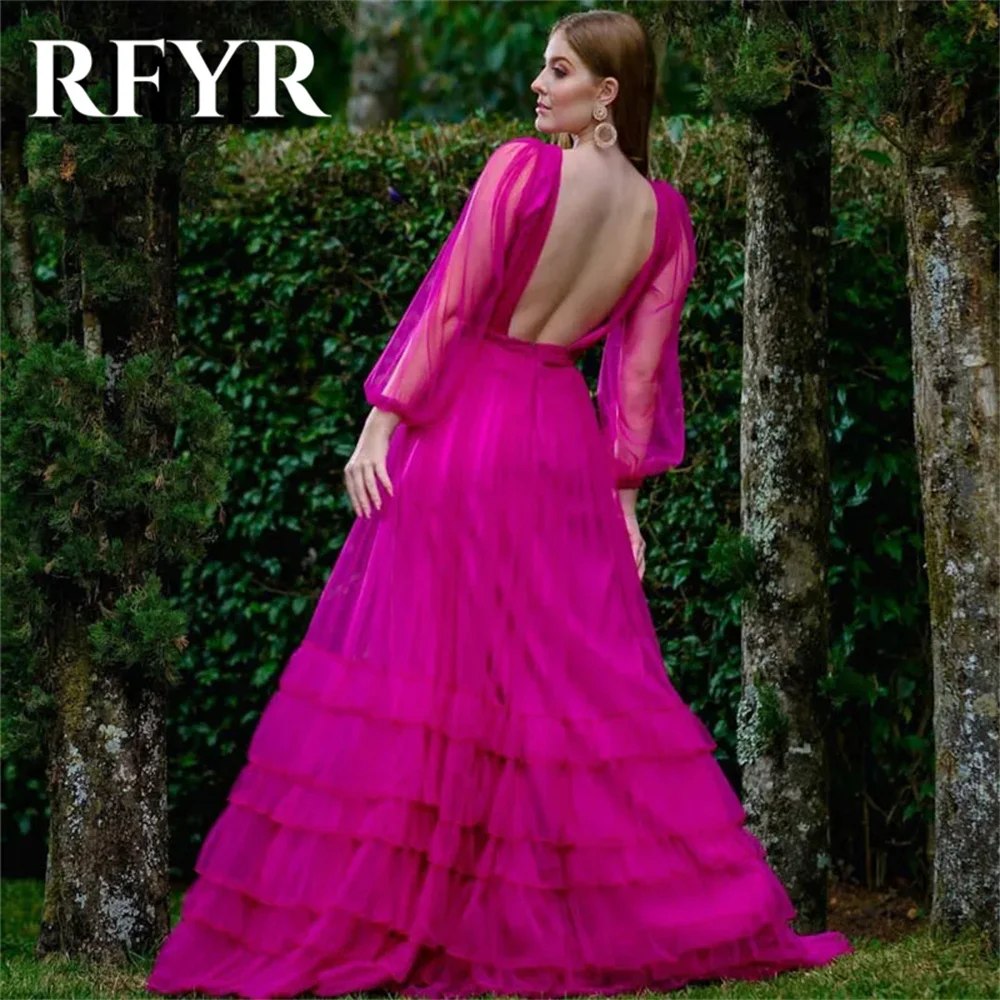 RFYR Fuchsia Prom Dress Vintage Deep V-Neck A-Line Evening Dress 2024 Long Sleeve Layered Tulle Party Dress Sexy Open Back 프롬드레스