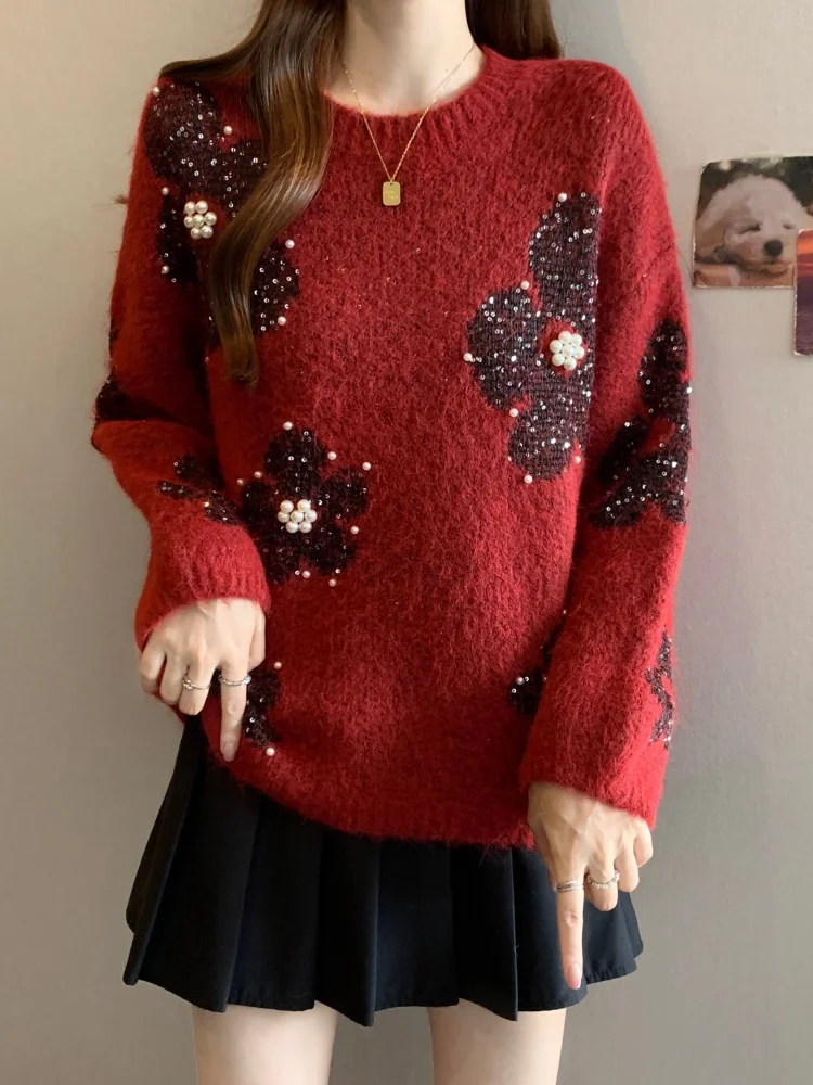 

SMTHMA корейский стиль пуловер с блестками и цветком и жемчугом свитер новая мода вязаный топ с круглым вырезом и длинными рукавами