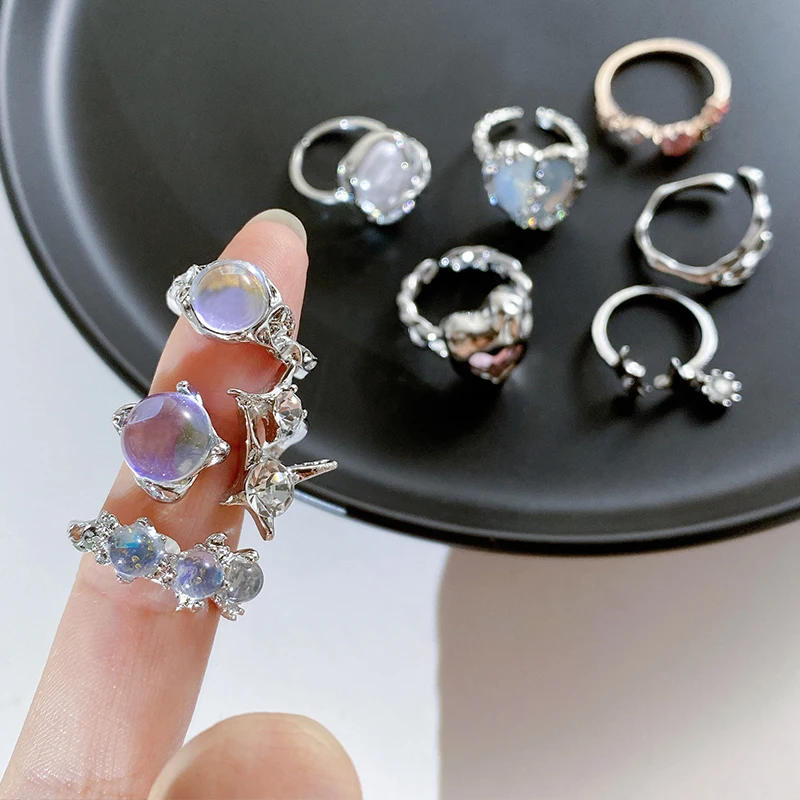 2024 Kpop Retro Gothic Heart Rings For Women Girls Vintage BFF Y2k Crystal Open Rings Punk Luxury Geometry Rings Party Jewelry