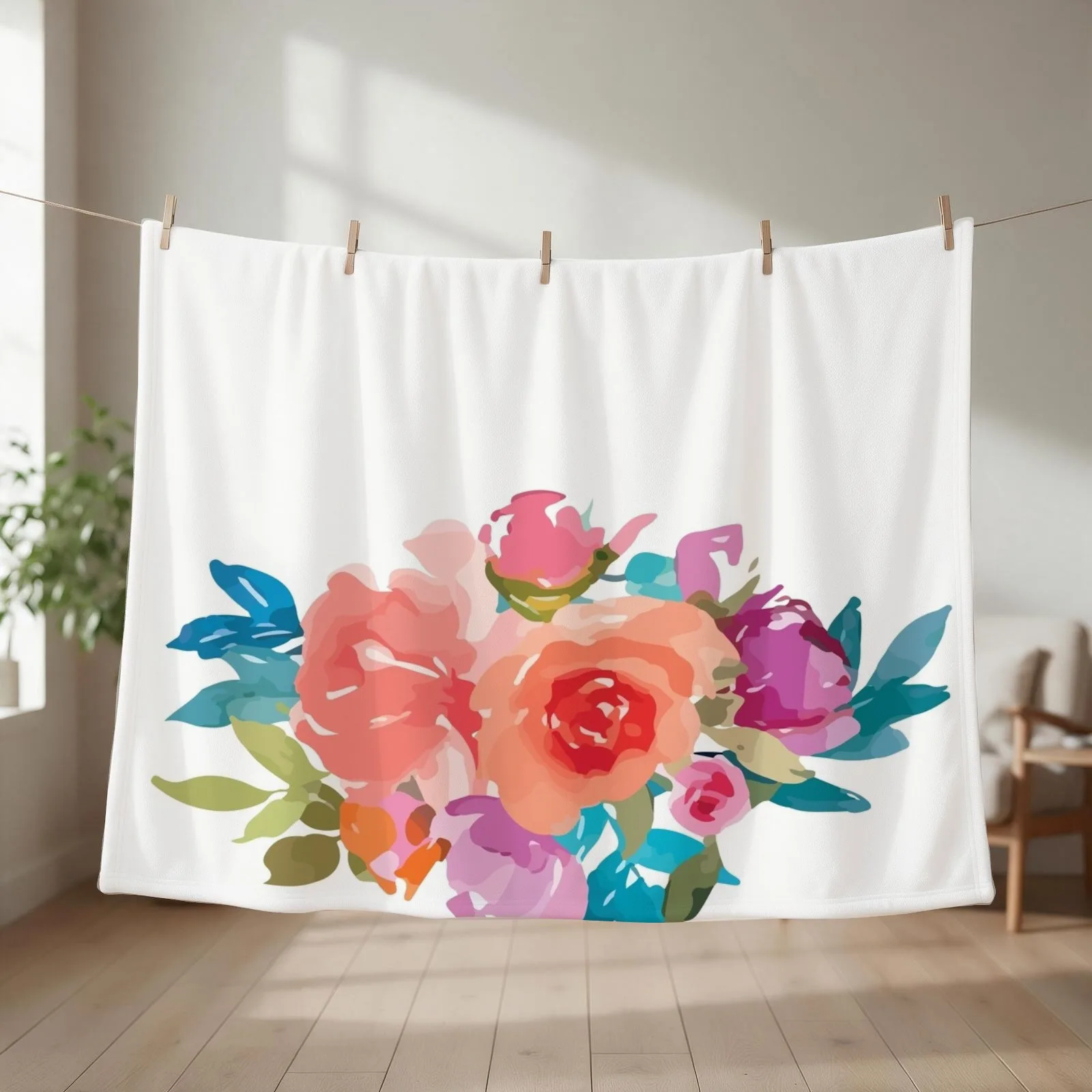Romantic Watercolor Flower Bouquet on White Throw Blanket couch cozy soft plush fuzzy picnic outdoor blanket