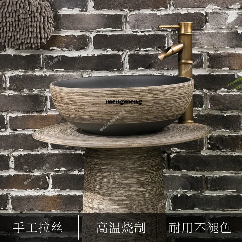 Retro-Säulenwaschgesicht, integriertes Säulenwaschbecken für den Außenbereich, Waschbecken aus Keramik im Innenhof