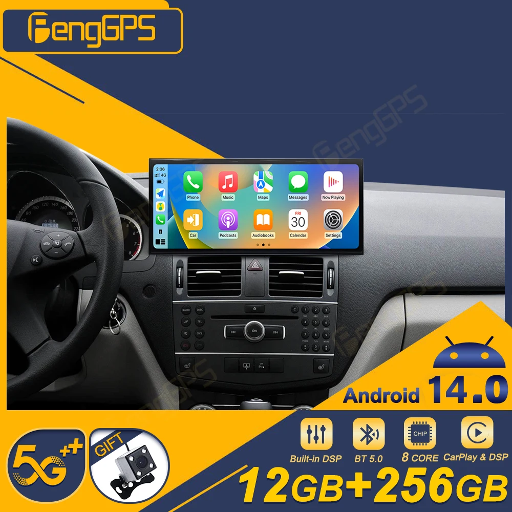 15.8 بوصة أندرويد 14 CarPlay راديو السيارة لمرسيدس بنز C W204 2008-2010 شاشة تعمل باللمس مشغل وسائط متعددة لتحديد المواقع والملاحة DSP BT