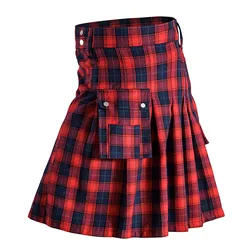 Men Pleated Skirt Fashion Scottish Style Plaid Contrast Color Pocket Ethnic Ruffle Cosplay Gothic Punk Plus Size A-Line Kilt