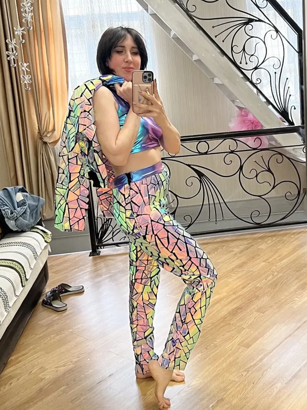 

Purple Mirror Nightclub Stage Wear Women Singer Jazz Dance Costume Silver Laser Sequins Jacket Dress Party Performance Outfit