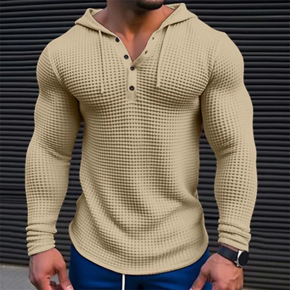 Men Sweatshirt Waffle Casual Solid Color Slim Fit Male Top Long Sleeve Hoodie Pullover Soft Men's Clothing For Spring Autumn