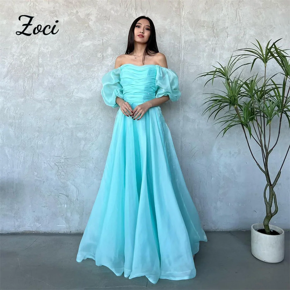 

Zoci Fairy Organza Blue A Line Prom Dresses Customized Draped A Line Evening Party Gown Off Shoulder Formal Occasion Party Dress