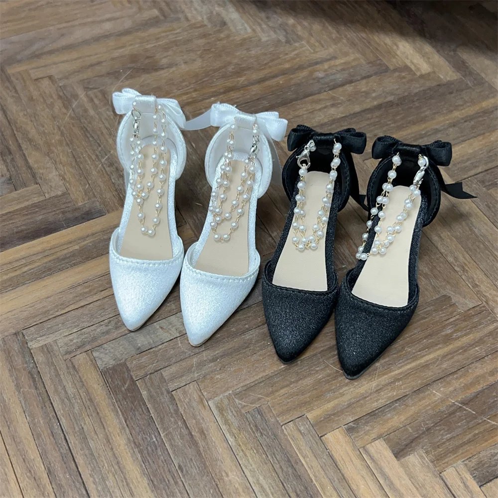 

BJD Doll Shoes 1/3 Toys Elegant Black White SDGR Girls Single Pearl Chain High Heels Soft Real Silk Bow Gifts Doll Accessories