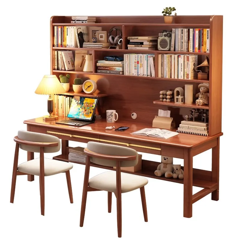 Real double bookshelf integrated table home study table writing side by side against the wall computer desk