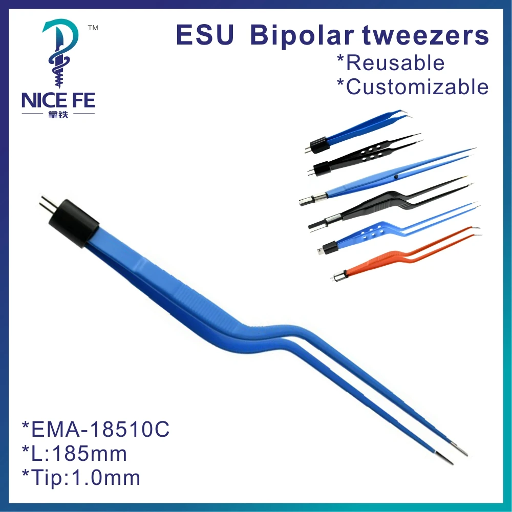 Pinça bipolar azul AHA reutilizável Pinça bipolar reta ou curvada para unidade eletrocirúrgica, L: 18,5 cm, ponta 1 mm