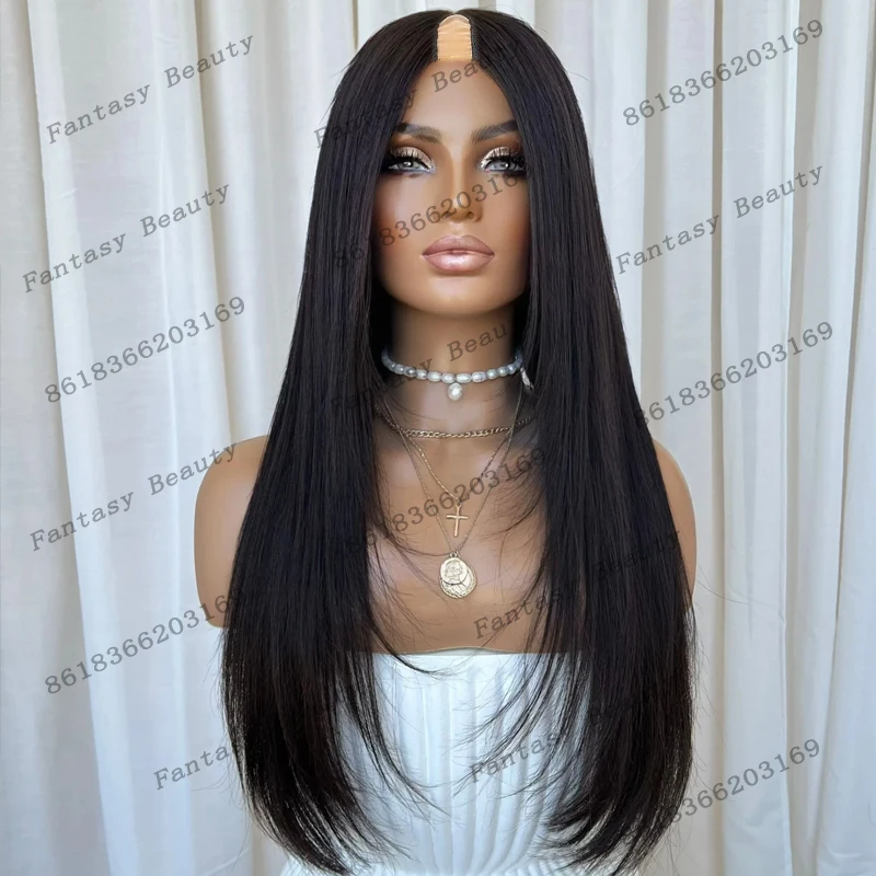 افتتاح بدون صمغ U/V جزء حريري مستقيم طبيعي أسود المرأة خصلات الشعر المستعار الإنسان الطبيعي سهل ارتداء آلة كاملة صنع رخيصة الباروكات