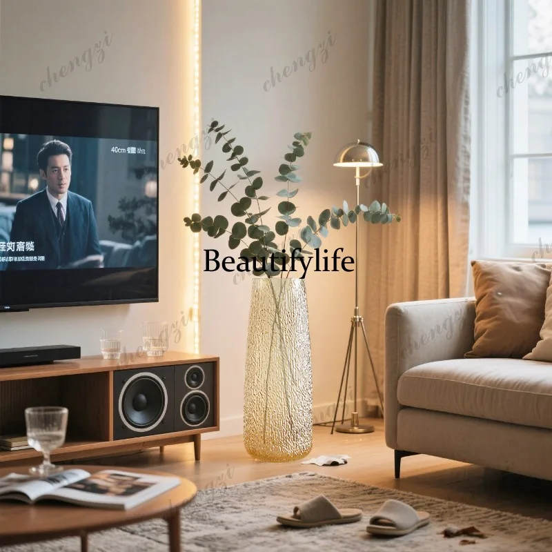 A95 large floor-to-ceiling vase glass transparent light luxury flower arrangement long branch amber living room ornament