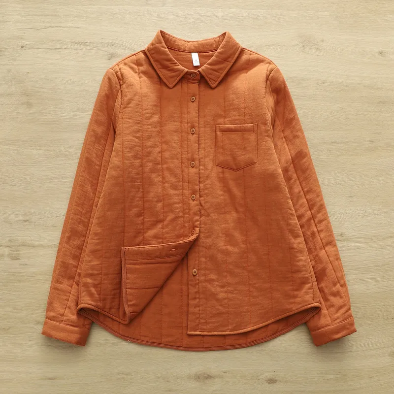 Novo 2025 inverno algodão acolchoado camisa de manga longa, feminino turn-down colarinho bolso, mori menina ol comute quente blusa solta t5d448cc