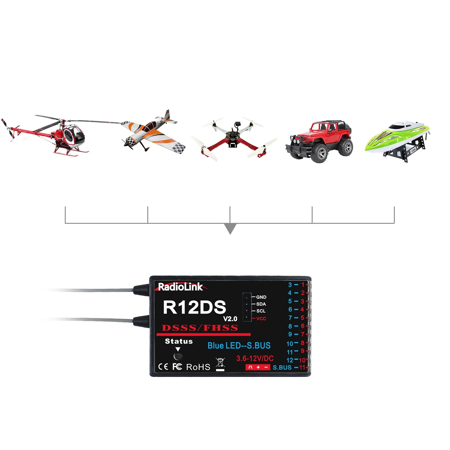 Radiolink-receptor R12DSM R12DS R9DS R6DSM R6DS Rc, 2,4 GHZ, 6/9/10/11/12CH, funciona con transmisor AT9/AT9S/AT9S Pro/AT10/AT10 II